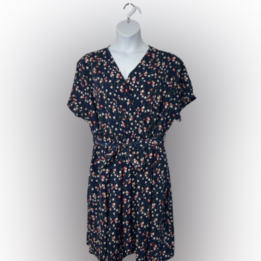 Floral Print Swing Boho V Neck Short Sleeve Casual Dress with belt Pocket sz 22